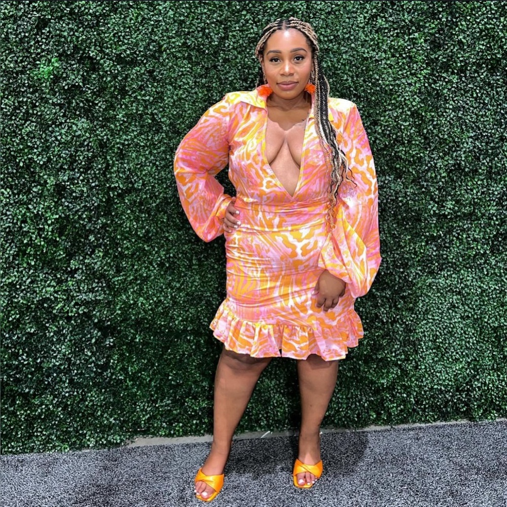 PLT Plunge Ruffle Hem Mini Dress | Size 14 | Pink & Orange Animal Print